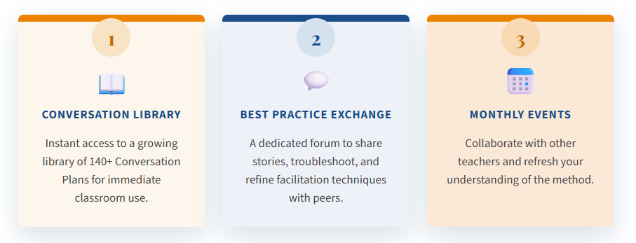 Community benefits: conversation library, best practice exchange, monthly events